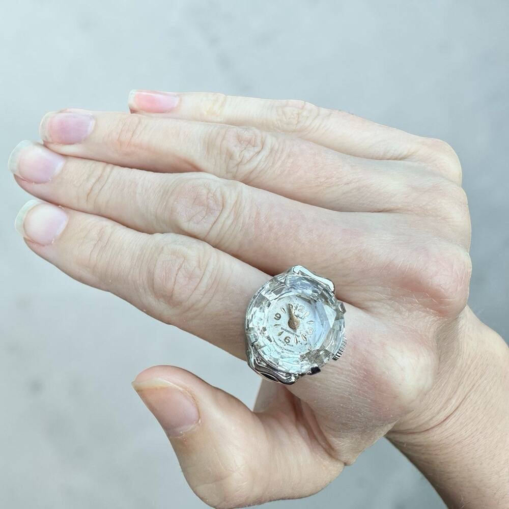 Sheffield Ring Watch 60s Cocktail Silver Tone Winds Up Cut Crystal Vintage Rare
